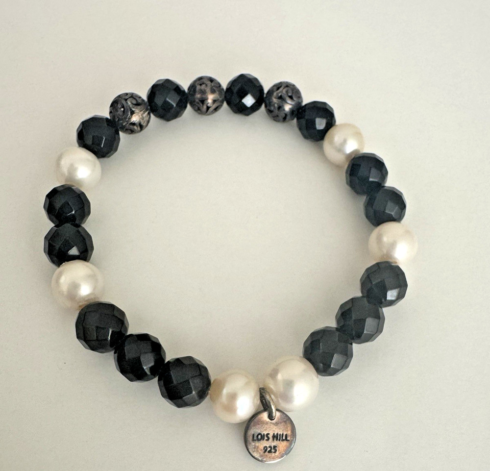 Lois Hill Bracelet Black Onyx White Pearl 925 Sterling Silver Beads Original Box
